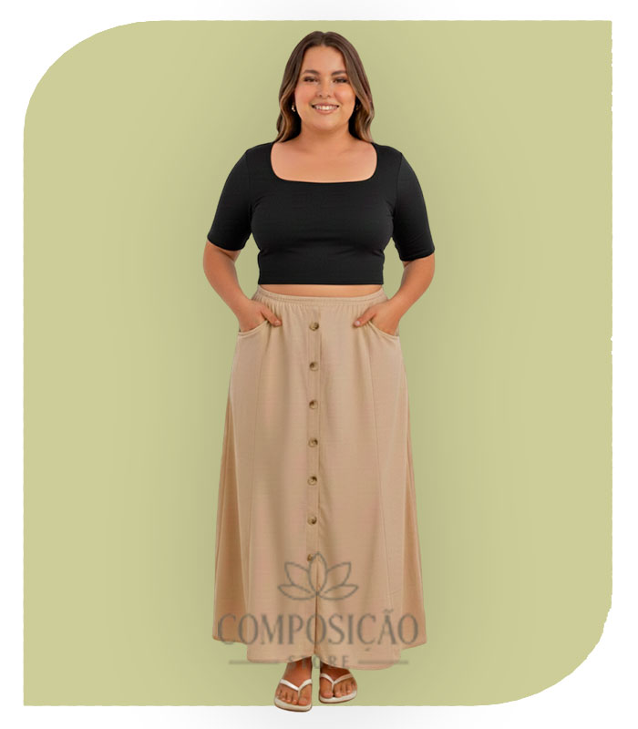 Saia Longa Evasê com Botões Frontais e Bolsos Saia Longa Evasê com Botões Frontais e Bolsos - Imagem 1