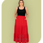 Saia Longa de Babados e Cós Elástico - Vermelho Vivo