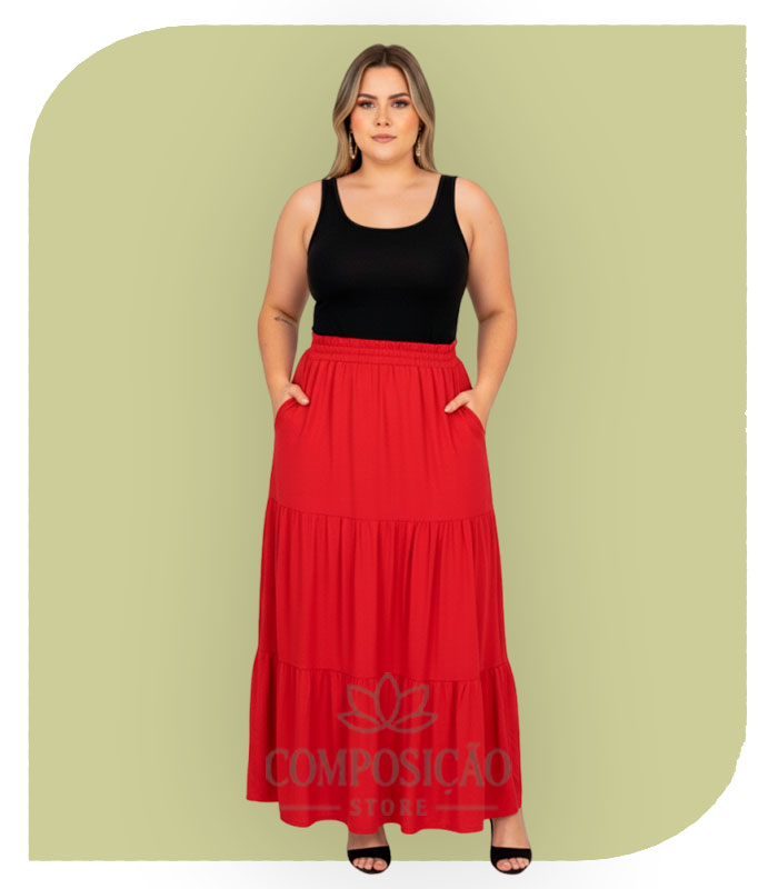 Saia Longa de Babados e Cós Elástico - Vermelho Vivo Saia Longa de Babados e Cós Elástico - Vermelho Vivo - Imagem 1