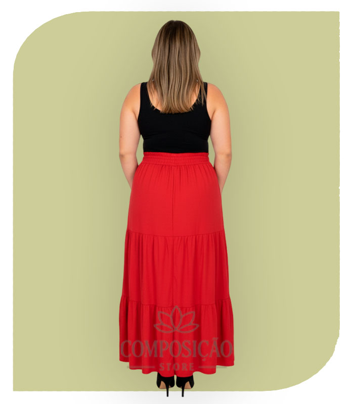 Saia Longa de Babados e Cós Elástico - Vermelho Vivo Saia Longa de Babados e Cós Elástico - Vermelho Vivo - Imagem 2