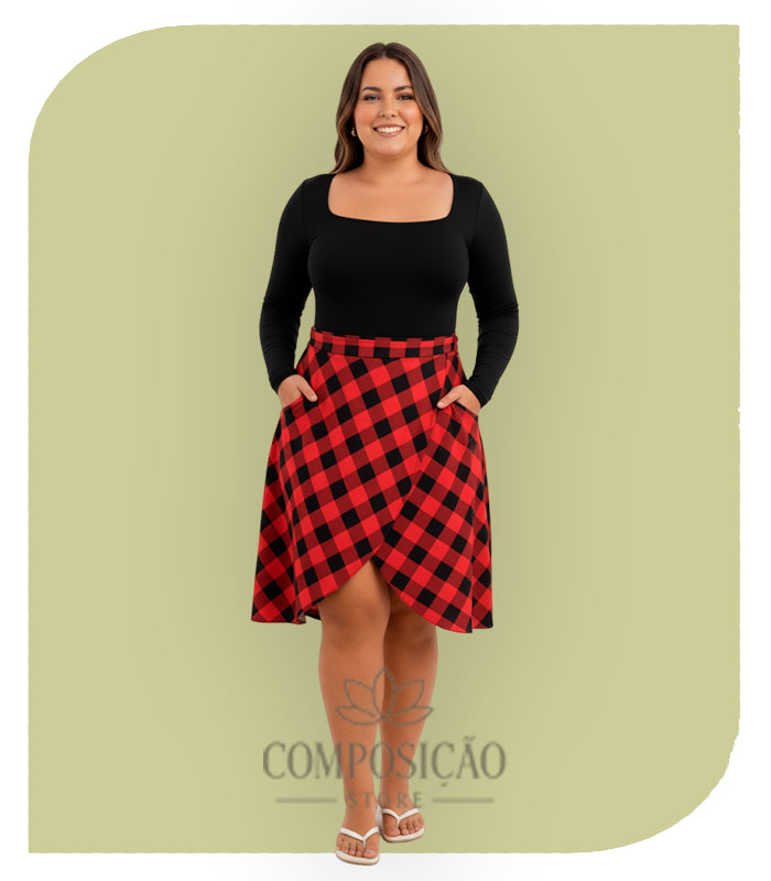 Saia Mini Envelope em Xadrez Buffalo Check - Preto e Vermelho Saia Mini Envelope em Xadrez Buffalo Check - Preto e Vermelho - Imagem 1