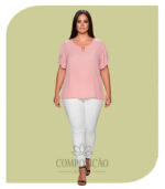 Blusa Plus Size Rosa Quartzo com Detalhe Metalizado e Mangas Franzidas