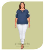 Blusa Plus Size Viscolinho Bordado Floral Azul Marinho