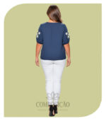 Blusa Plus Size Viscolinho Bordado Floral Azul Marinho - Imagem 2