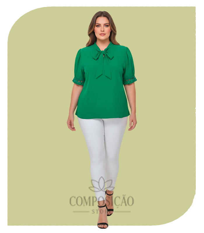 Blusa Plus Size Elegance Gola Laço Verde Esmeralda Blusa Plus Size Elegance Gola Laço Verde Esmeralda - Imagem 1