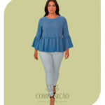Blusa Plus Size Peplum com Manga Sino Azul Claro