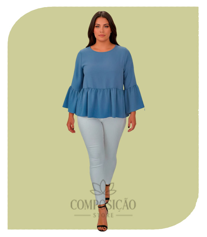 Blusa Plus Size Peplum com Manga Sino Azul Claro Blusa Plus Size Peplum com Manga Sino Azul Claro - Imagem 1