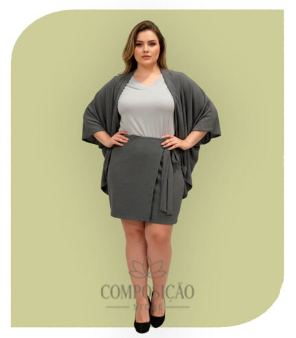 Conjunto Plus Size Kimono e Saia Envelope Cinza