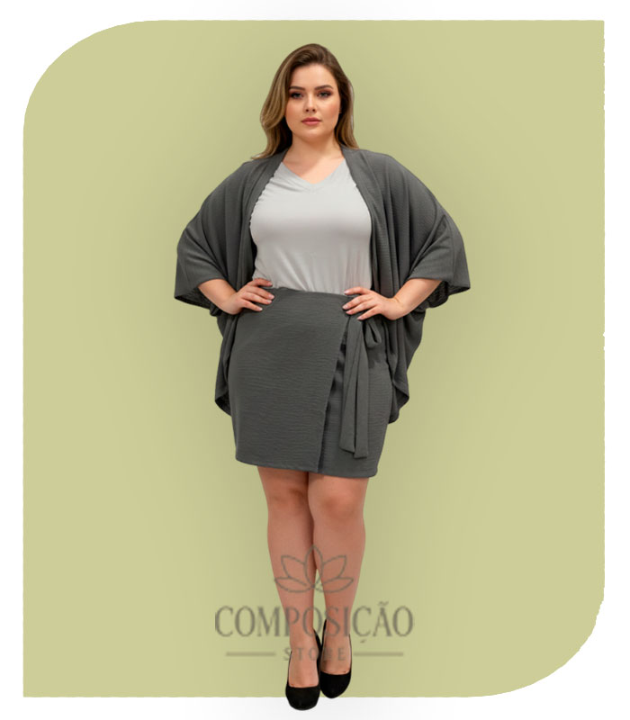 Conjunto Plus Size Kimono e Saia Envelope Cinza Conjunto Plus Size Kimono e Saia Envelope Cinza - Imagem 1