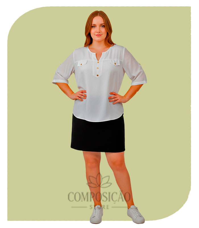 Blusa Plus Size Viscolinho Clássica com Detalhes Dourados Blusa Plus Size Viscolinho Clássica com Detalhes Dourados - Imagem 1