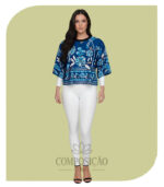 Blusa Cropped Plus Size Estampada com Motivos Náuticos e Floral Azul